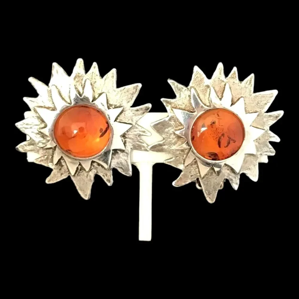 Vintage 1970s Clip Earrings Sterling Silver 925 Natural Amber Sunburst - 1F